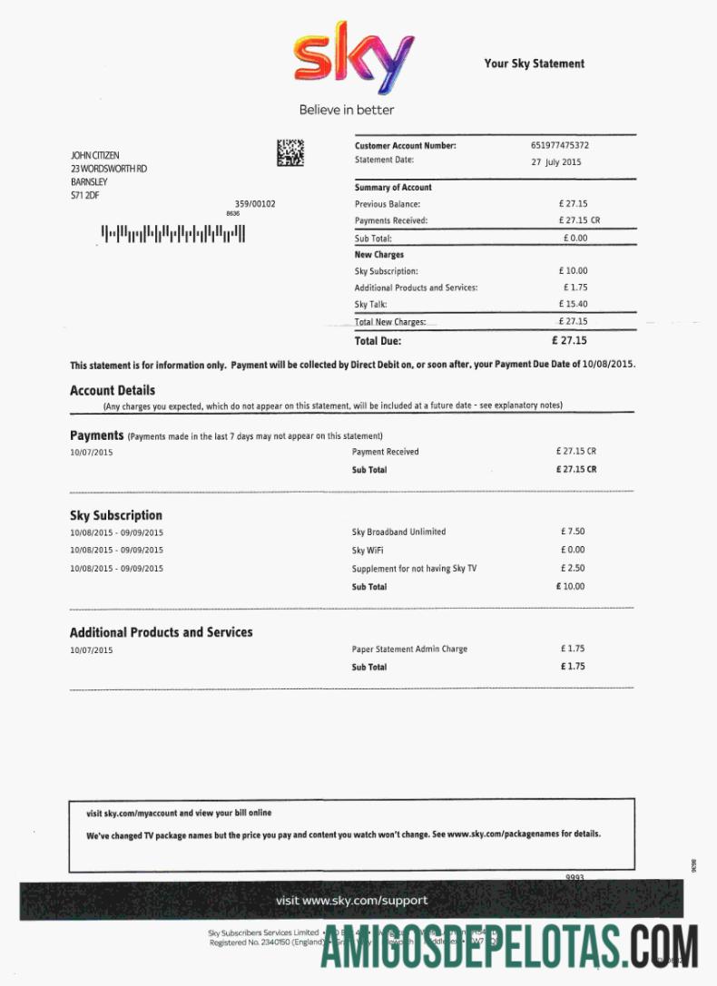 Em branco modelo de conta de serviços públicos Sky do Reino Unido, totalmente editável em formato PSD